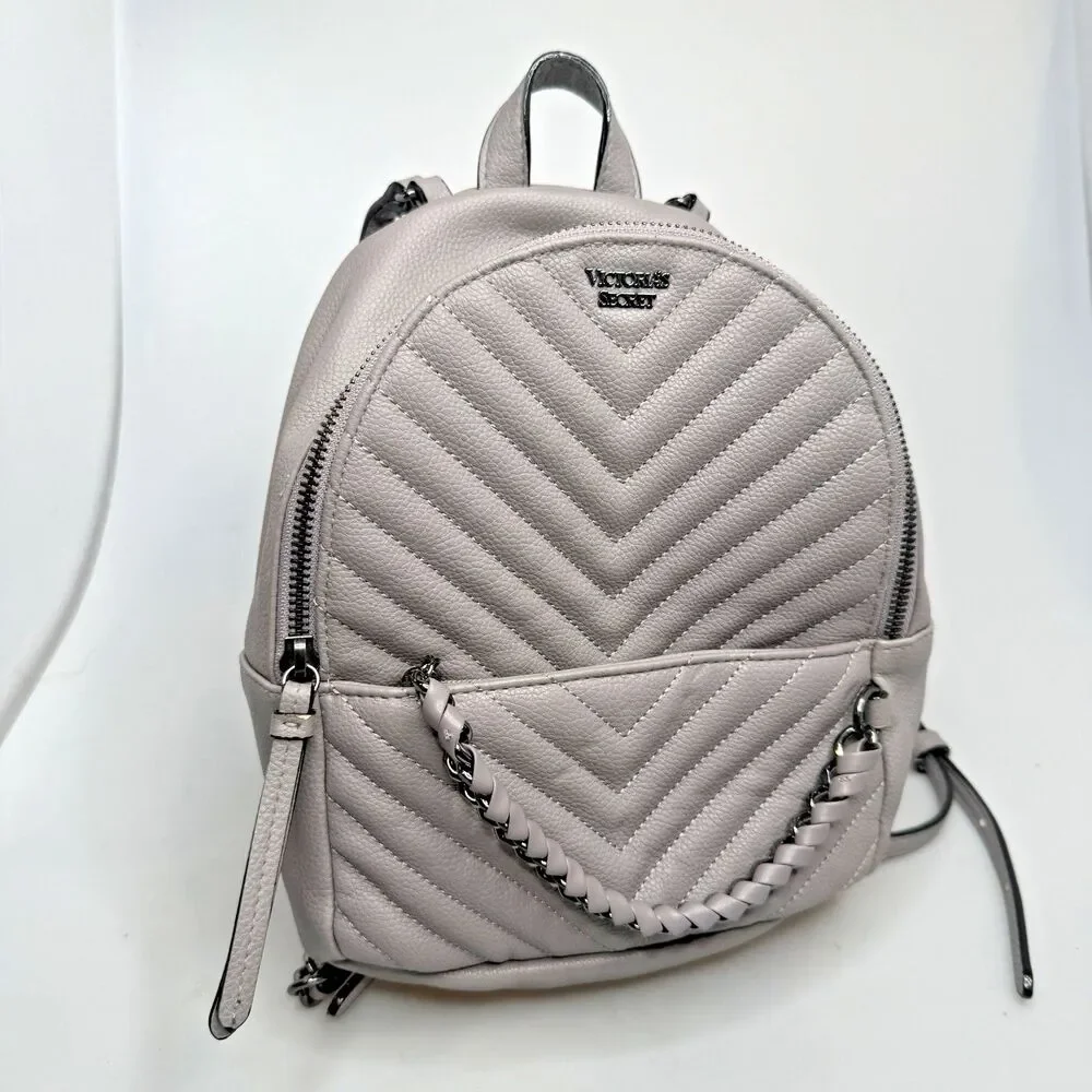 Victoria’s Secret Grey Quilted Mini Backpack Chain Accents 9
